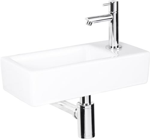 Differnz Helios Fonteinset - Wasbak Keramiek - Wit - Rechte Kraan - Chroom - Standaard Greep - 36 x 18 x 9 cm