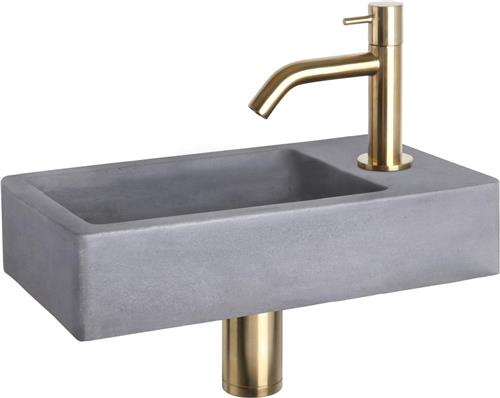 Differnz Force Fonteinset - Wasbak Beton - Donkergrijs - Gebogen Kraan - Mat Goud - Standaard Greep - 40 x 22 x 8 cm