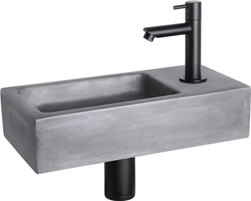 Differnz Ravo Fonteinset - Wasbak Beton - Donkergrijs - Rechte Kraan - Mat Zwart - Standaard Greep - 38.5 x 18.5 x 9 cm