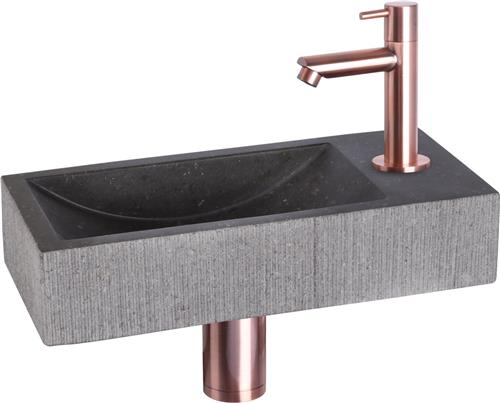 Differnz Ribble Fonteinset - Wasbak Natuursteen Bombai Black - Antraciet - Rechte Kraan - Rood Koper - Standaard Greep - 38 x 18 x 8 cm