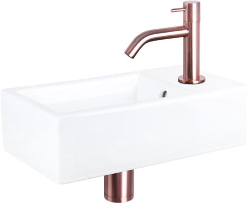 Differnz Force Fonteinset - Wasbak Keramiek - Wit - Gebogen Kraan - Rood Koper - Standaard Greep - 40 x 22 x 11.5 cm