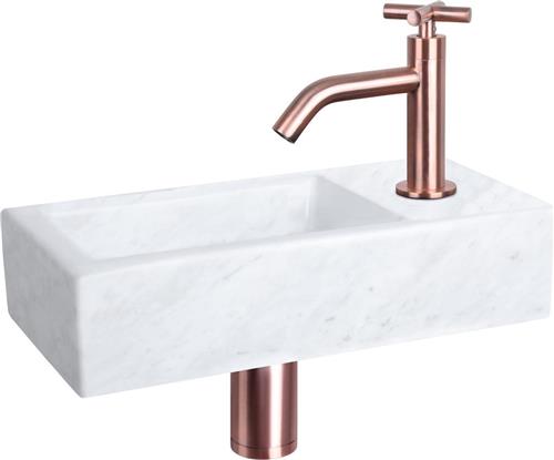 Differnz Helios Fonteinset - Wasbak Marmer - Wit - Gebogen Kraan - Rood Koper - Kruisgreep - 37.5 x 18.5 x 9 cm