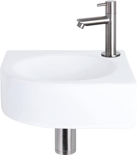 Differnz Cleo Fonteinset - Wasbak Keramiek - Wit - Rechte Kraan - Mat Chroom - Standaard Greep - 30 x 30 x 10 cm