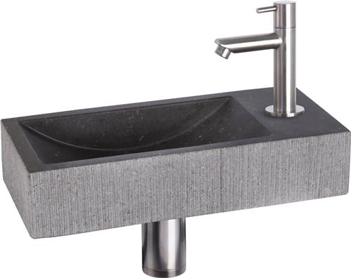 Differnz Ribble Fonteinset - Wasbak Natuursteen Bombai Black - Antraciet - Rechte Kraan - Mat Chroom - Standaard Greep - 38 x 18 x 8 cm