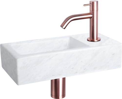 Differnz Helios Fonteinset - Wasbak Marmer - Wit - Gebogen Kraan - Rood Koper - Standaard Greep - 37.5 x 18.5 x 9 cm