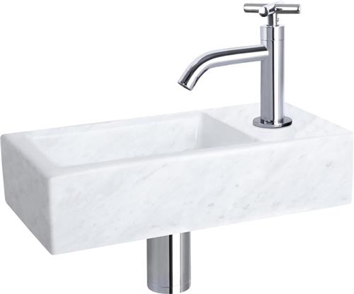 Differnz Helios Fonteinset - Wasbak Marmer - Wit - Gebogen Kraan - Chroom - Kruisgreep - 37.5 x 18.5 x 9 cm