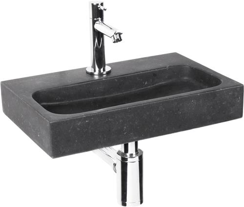 Differnz Flat Small Fonteinset - Wasbak Natuursteen - Zwart - Rechte Kraan - Chroom - Standaard Greep - 38 x 24 x 7 cm