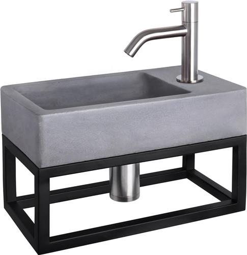 Differnz Force Fonteinset - Wasbak Beton - Donkergrijs - Gebogen Kraan - Mat Chroom - Standaard Greep - 40 x 22 x 8 cm - Met Handdoekrek - Zwart