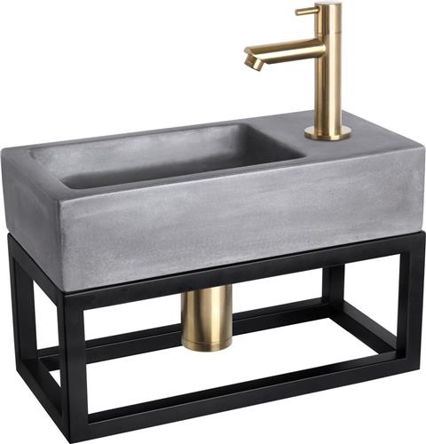 Differnz Ravo Fonteinset - Wasbak Beton - Donkergrijs - Rechte Kraan - Mat Goud - Standaard Greep - 38.5 x 18.5 x 9 cm - Met Handdoekrek - Zwart