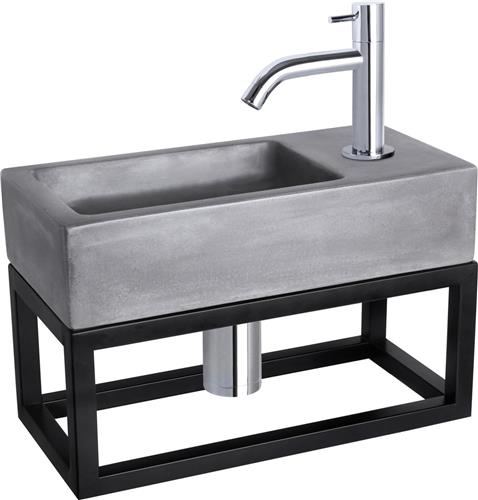 Differnz Ravo Fonteinset - Wasbak Beton - Donkergrijs - Gebogen Kraan - Chroom - Standaard Greep - 38.5 x 18.5 x 9 cm - Met Handdoekrek - Zwart