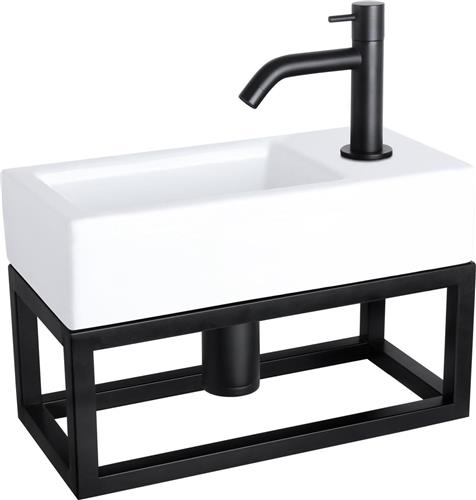 Differnz Ravo Fonteinset - Wasbak Keramiek - Wit - Gebogen Kraan - Mat Zwart - Standaard Greep - 38.5 x 18.5 x 9.5 cm - Met Handdoekrek - Zwart