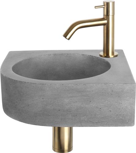 Differnz Cleo Fonteinset - Wasbak Beton - Donkergrijs - Gebogen Kraan - Mat Goud - Standaard Greep - 31.5 x 31.5 x 10 cm