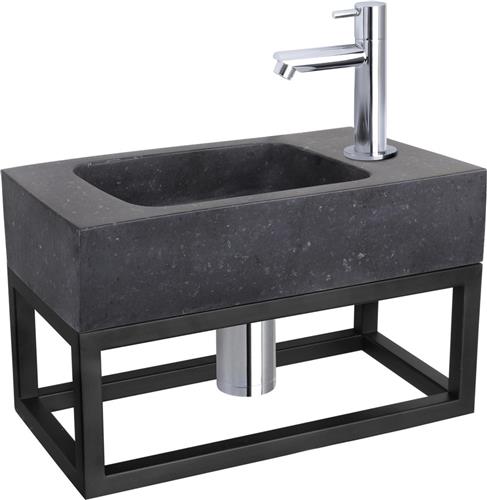 Differnz Fonteinset - Wasbak Natuursteen Bombai Black - Antraciet - Rechte Kraan - Chroom - Standaard Greep - 40 x 22 x 9 cm - Met Handdoekrek - Zwart