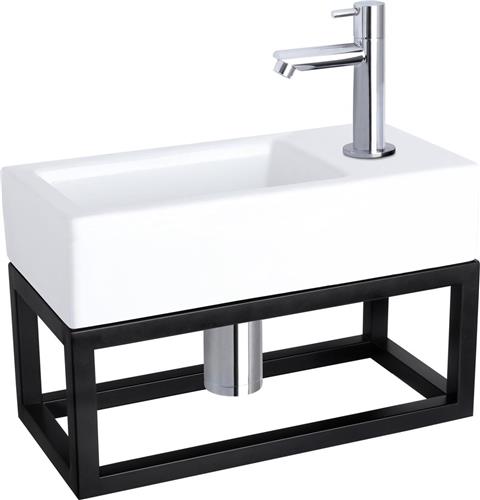 Differnz Ravo Fonteinset - Wasbak Keramiek - Wit - Rechte Kraan - Chroom - Standaard Greep - 38.5 x 18.5 x 9.5 cm - Met Handdoekrek - Zwart