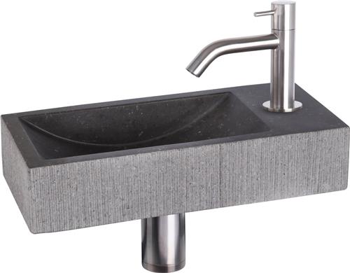Differnz Ribble Fonteinset - Wasbak Natuursteen Bombai Black - Antraciet - Gebogen Kraan - Mat Chroom - Standaard Greep - 38 x 18 x 8 cm