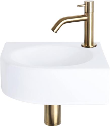 Differnz Cleo Fonteinset - Wasbak Keramiek - Wit - Gebogen Kraan - Mat Goud - Standaard Greep - 30 x 30 x 10 cm