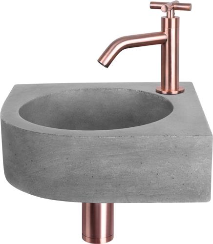 Differnz Cleo Fonteinset - Wasbak Beton - Donkergrijs - Gebogen Kraan - Rood Koper - Kruisgreep - 31.5 x 31.5 x 10 cm