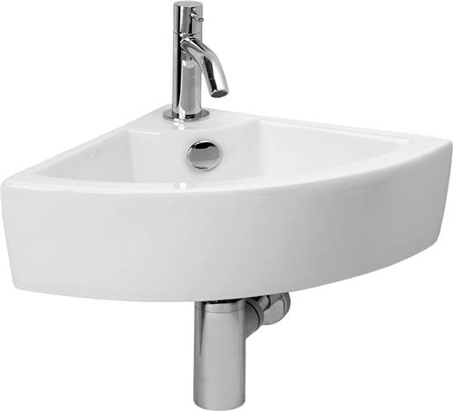 Differnz Keres Hoekfonteinset - Wasbak Keramiek - Wit - Gebogen Kraan - Chroom - Standaard Greep - 32 x 32 x 12.5 cm