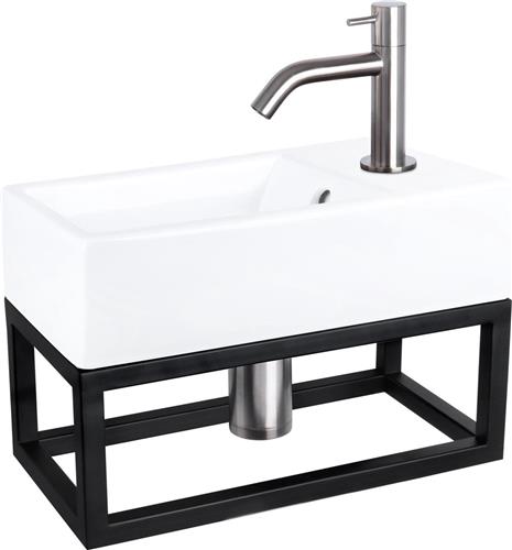 Differnz Force Fonteinset - Wasbak Keramiek - Wit - Gebogen Kraan - Mat Chroom - Standaard Greep - 40 x 22 x 11.5 cm - Met Handdoekrek - Zwart