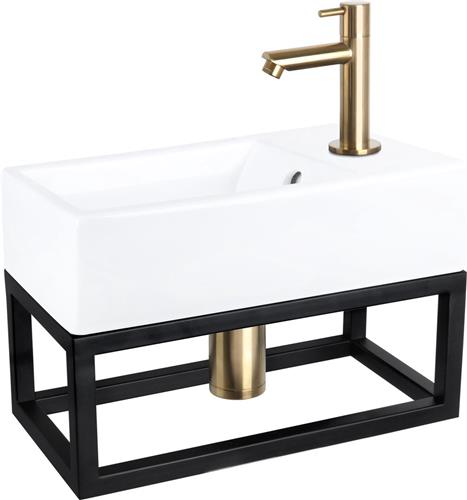 Differnz Force Fonteinset - Wasbak Keramiek - Wit - Rechte Kraan - Mat Goud - Standaard Greep - 40 x 22 x 11.5 cm - Met Handdoekrek - Zwart