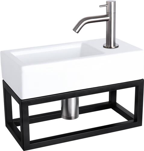 Differnz Ravo Fonteinset - Wasbak Keramiek - Wit - Gebogen Kraan - Mat Chroom - Standaard Greep - 38.5 x 18.5 x 9.5 cm - Met Handdoekrek - Zwart