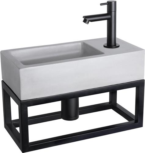 Differnz Ravo Fonteinset - Wasbak Beton - Lichtgrijs - Rechte Kraan - Mat Zwart - Standaard Greep - 38.5 x 18.5 x 9 cm - Met Handdoekrek - Zwart