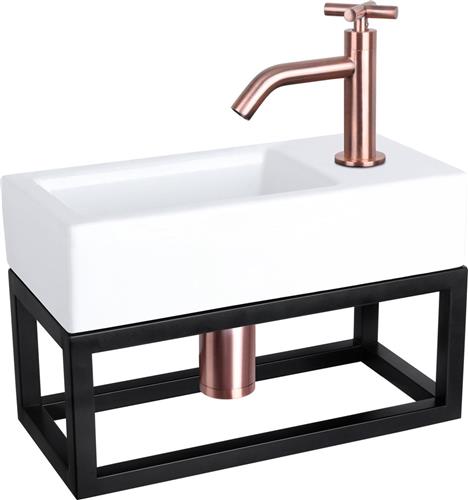 Differnz Ravo Fonteinset - Wasbak Keramiek - Wit - Gebogen Kraan - Rood Koper - Kruisgreep - 38.5 x 18.5 x 9.5 cm - Met Handdoekrek - Zwart