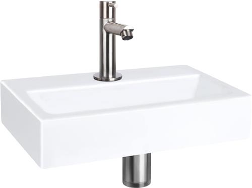 Differnz Flat Fonteinset - Wasbak Keramiek - Wit - Rechte Kraan - Mat Chroom - Standaard Greep - 38 x 24 x 7 cm