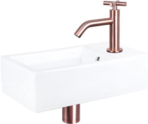 Differnz Force Fonteinset - Wasbak Keramiek - Wit - Gebogen Kraan - Rood Koper - Kruisgreep - 40 x 22 x 11.5 cm