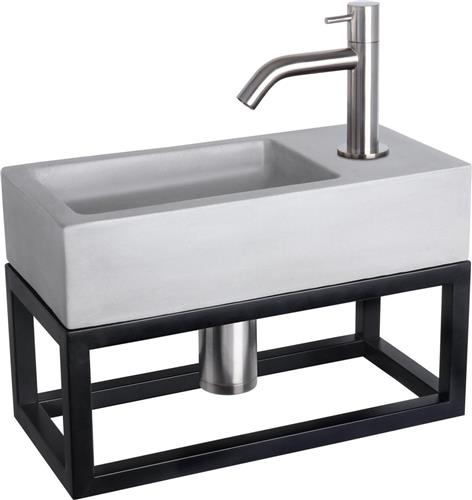 Differnz Ravo Fonteinset - Wasbak Beton - Lichtgrijs - Gebogen Kraan - Mat Chroom - Standaard Greep - 38.5 x 18.5 x 9 cm - Met Handdoekrek - Zwart