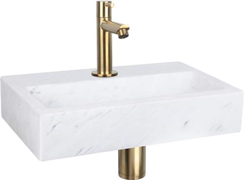 Differnz Flat Fonteinset - Wasbak Marmer - Wit - Rechte Kraan - Mat Goud - Standaard Greep - 38 x 24 x 7 cm