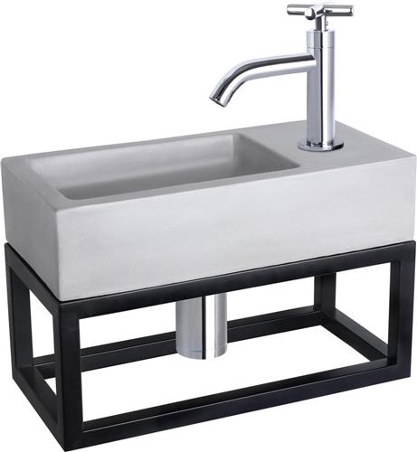 Differnz Ravo Fonteinset - Wasbak Beton - Lichtgrijs - Gebogen Kraan - Chroom - Kruisgreep - 38.5 x 18.5 x 9 cm - Met Handdoekrek - Zwart