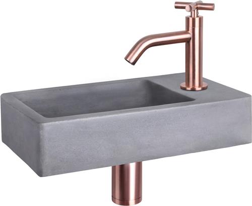 Differnz Force Fonteinset - Wasbak Beton - Donkergrijs - Gebogen Kraan - Rood Koper - Kruisgreep - 40 x 22 x 8 cm