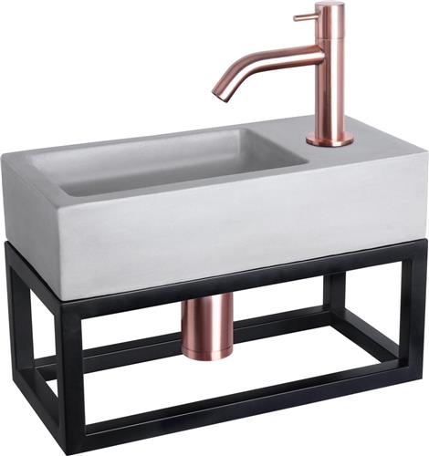 Differnz Ravo Fonteinset - Wasbak Beton - Lichtgrijs - Gebogen Kraan - Rood Koper - Standaard Greep - 38.5 x 18.5 x 9 cm - Met Handdoekrek - Zwart
