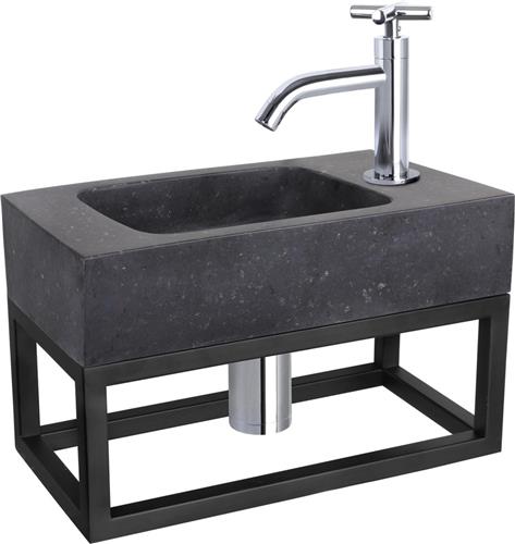 Differnz Fonteinset - Wasbak Natuursteen Bombai Black - Antraciet - Gebogen Kraan - Chroom - Kruisgreep - 40 x 22 x 9 cm - Met Handdoekrek - Zwart