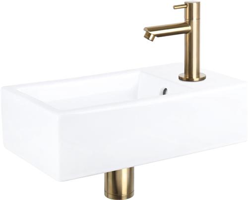 Differnz Force Fonteinset - Wasbak Keramiek - Wit - Rechte Kraan - Mat Goud - Standaard Greep - 40 x 22 x 11.5 cm