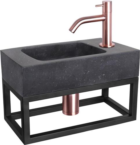 Differnz Fonteinset - Wasbak Natuursteen Bombai Black - Antraciet - Gebogen Kraan - Rood Koper - Standaard Greep - 40 x 22 x 9 cm - Met Handdoekrek - Zwart