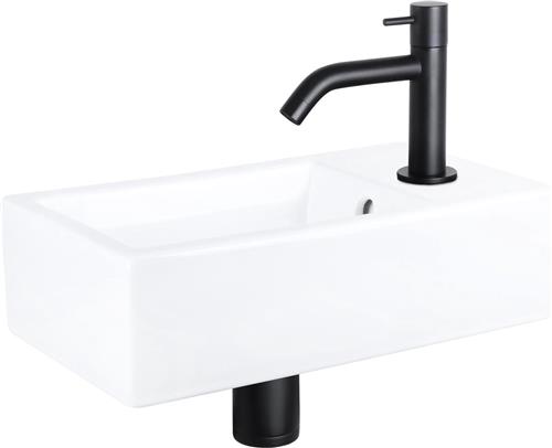 Differnz Force Fonteinset - Wasbak Keramiek - Wit - Gebogen Kraan - Mat Zwart - Standaard Greep - 40 x 22 x 11.5 cm