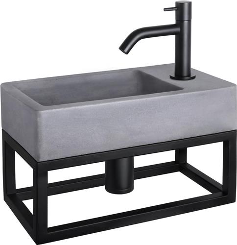 Differnz Force Fonteinset - Wasbak Beton - Donkergrijs - Gebogen Kraan - Mat Zwart - Standaard Greep - 40 x 22 x 8 cm - Met Handdoekrek - Zwart