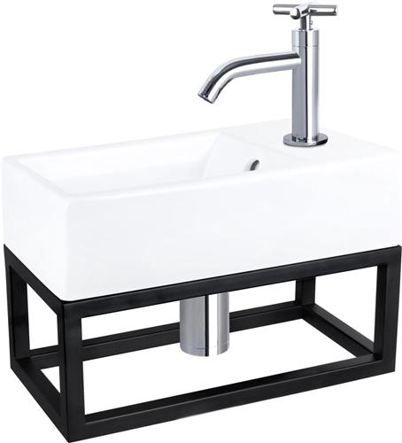 Differnz Force Fonteinset - Wasbak Keramiek - Wit - Gebogen Kraan - Chroom - Kruisgreep - 40 x 22 x 11.5 cm - Met Handdoekrek - Zwart