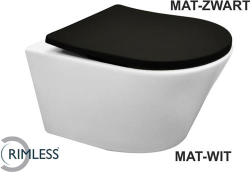 Toiletpot Hangend Wiesbaden Vesta 52 cm Diepspoel Wandcloset Rimless Mat Wit Met Mat Zwart Shade Zitting