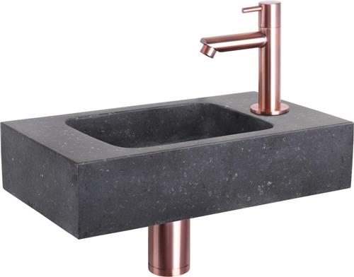 Differnz Fonteinset - Wasbak Natuursteen Bombai Black - Antraciet - Rechte Kraan - Rood Koper - Standaard Greep - 40 x 22 x 9 cm