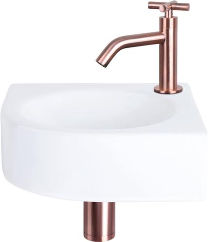 Differnz Cleo Fonteinset - Wasbak Keramiek - Wit - Gebogen Kraan - Rood Koper - Kruisgreep - 30 x 30 x 10 cm