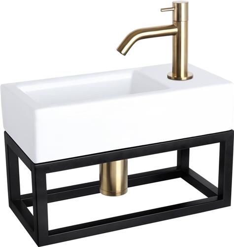 Differnz Ravo Fonteinset - Wasbak Keramiek - Wit - Gebogen Kraan - Mat Goud - Standaard Greep - 38.5 x 18.5 x 9.5 cm - Met Handdoekrek - Zwart