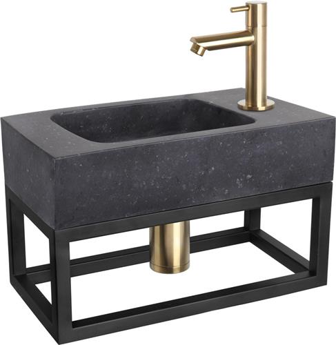 Differnz Fonteinset - Wasbak Natuursteen Bombai Black - Antraciet - Rechte Kraan - Mat Goud - Standaard Greep - 40 x 22 x 9 cm - Met Handdoekrek - Zwart