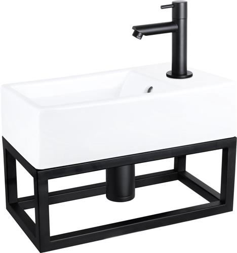 Differnz Force Fonteinset - Wasbak Keramiek - Wit - Rechte Kraan - Mat Zwart - Standaard Greep - 40 x 22 x 11.5 cm - Met Handdoekrek - Zwart