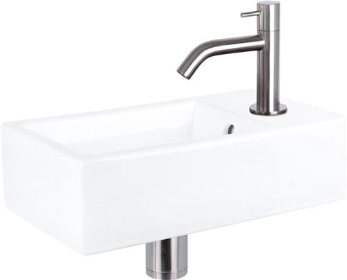 Differnz Force Fonteinset - Wasbak Keramiek - Wit - Gebogen Kraan - Mat Chroom - Standaard Greep - 40 x 22 x 11.5 cm