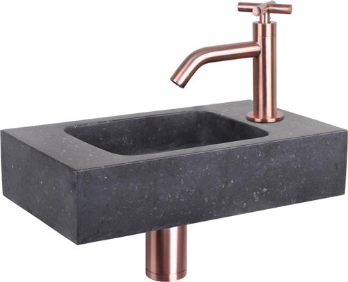 Differnz Fonteinset - Wasbak Natuursteen Bombai Black - Antraciet - Gebogen Kraan - Rood Koper - Kruisgreep - 40 x 22 x 9 cm