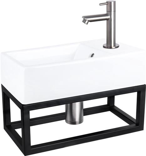 Differnz Force Fonteinset - Wasbak Keramiek - Wit - Rechte Kraan - Mat Chroom - Standaard Greep - 40 x 22 x 11.5 cm - Met Handdoekrek - Zwart