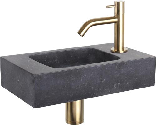 Differnz Fonteinset - Wasbak Natuursteen Bombai Black - Antraciet - Gebogen Kraan - Mat Goud - Standaard Greep - 40 x 22 x 9 cm